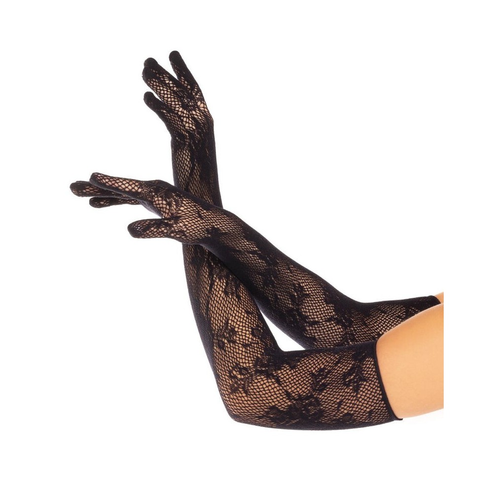 LEG AVENUE - HANDSCHUHE MIT ROTEN BLUMEN, SCHWARZ