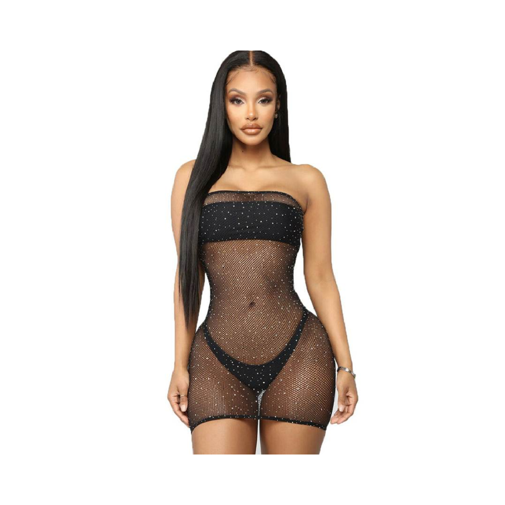 QUEEN LINGERIE - NET BODY DRESS WITH DIAMONDS S/L