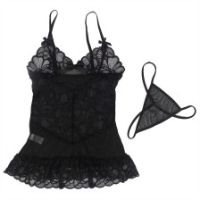 SUBBLIME - BABYDOLL WITH ADJUSTABLE STRAPS AND TRANSPARENT LACE FLORAL PRINT BLACK L/XL