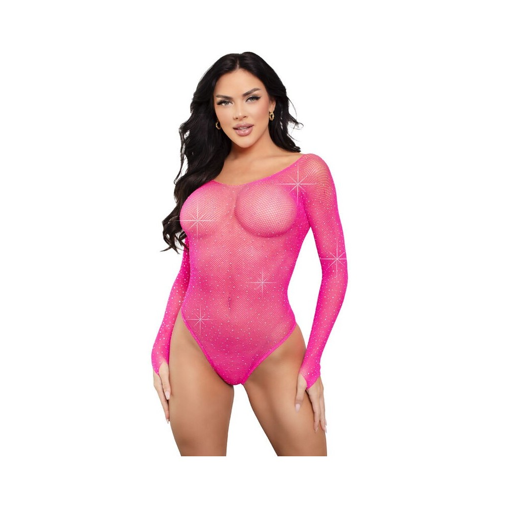 LEG AVENUE - CRYSTALIZED LONG SLEEVE BODYSUIT FUCHSIA