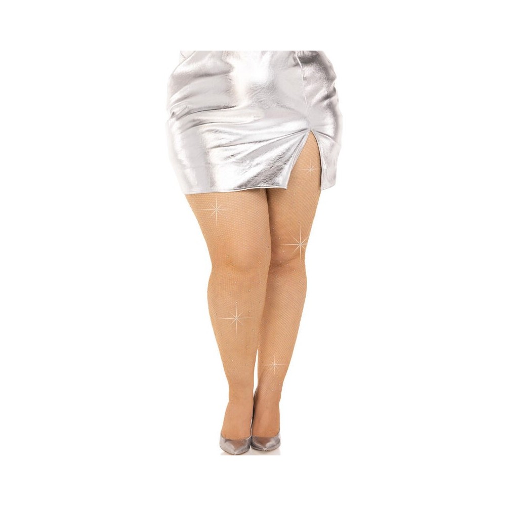 LEG AVENUE - CRYSTALIZED MESH STOCKINGS CARAMEL PLUS SIZE