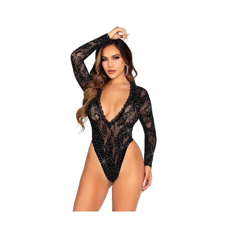 LEG AVENUE - LACE AND LONG SLEEVE BODY WITH DIAMONDS BLACK ONE SIZE