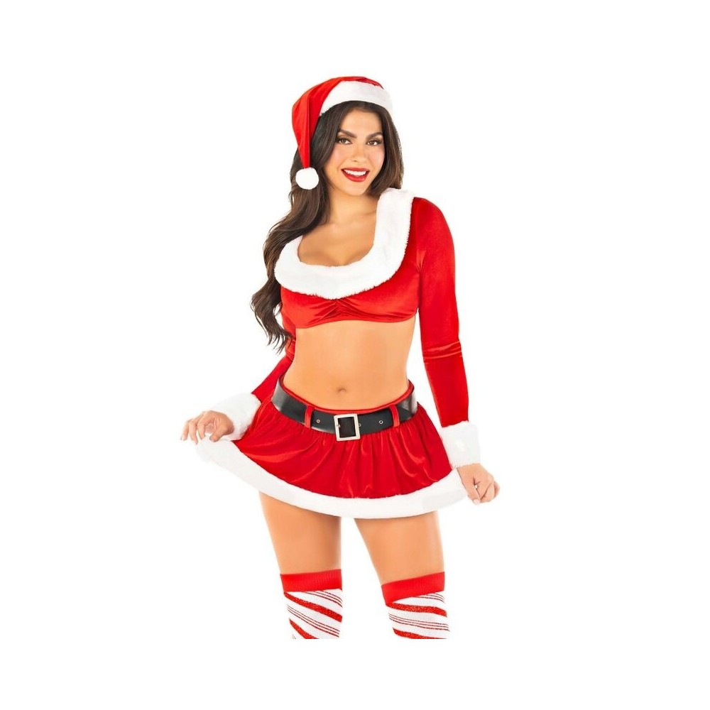 LEG AVENUE - COSTUME SEXY DE NOËL CROP TOP + JUPE + CEINTURE + CHAPEAU ROUGE/BLANC TAILLE M