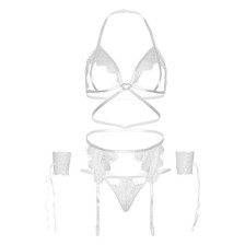 LEG AVENUE - SET QUATTRO PEZZI REGGISENO, G-STRING, REGGISTREE E POLSINI TAGLIA UNICA - BIANCO