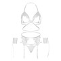 LEG AVENUE - SET QUATTRO PEZZI REGGISENO, G-STRING, REGGISTREE E POLSINI TAGLIA UNICA - BIANCO