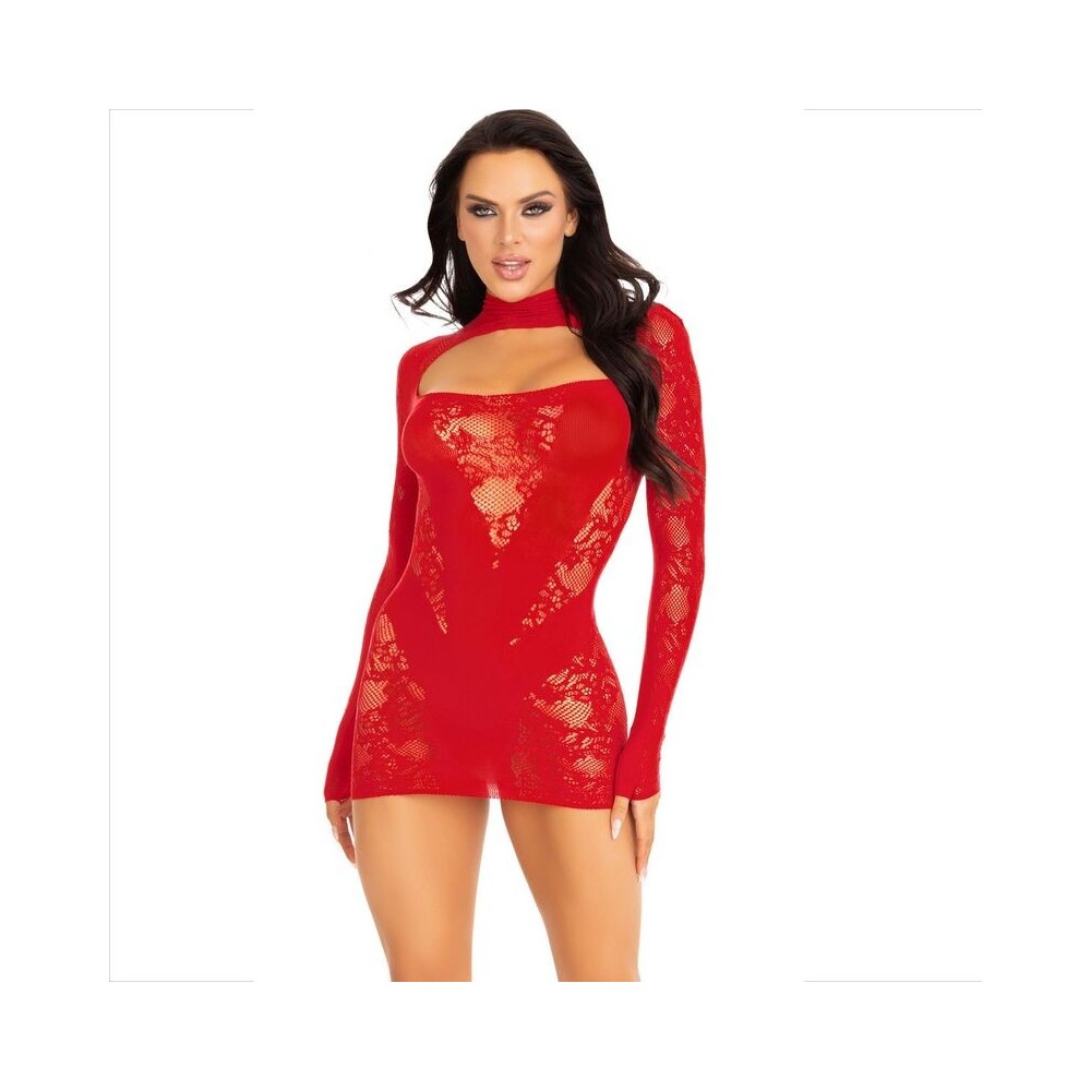LEG AVENUE - MINI ABITO CON PIZZO MANICA LUNGA ROSSO
