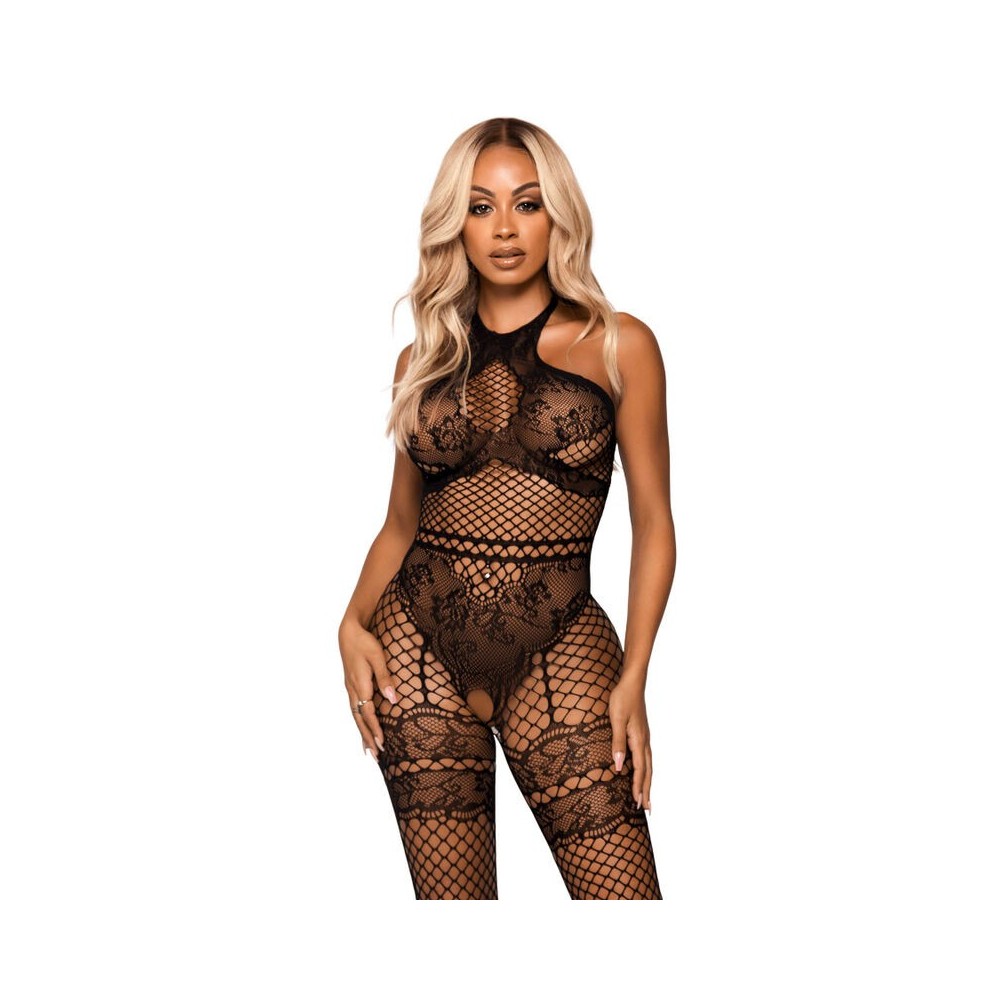 LEG AVENUE - NET HALTER BODYSTOCKING ONE SIZE - BLACK