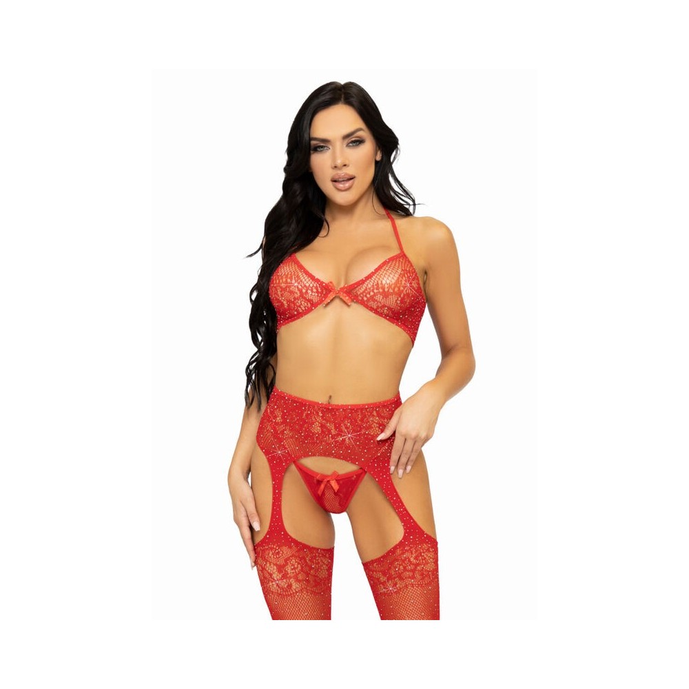 LEG AVENUE - SET TRE PEZZI REGGISENO, PERING E CALZA TAGLIA UNICA - ROSSO