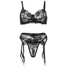 SUBBLIME - CONJUNTO DE 3 PEAS SUTI + TANGA + LIGA ESTAMPADO FLORAL PRETO L/XL