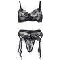 SUBBLIME - SET OF 3 PIECES BRA + THONG + GARTER FLORAL PRINT BLACK L/XL