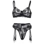 SUBBLIME - SET 3 PEZZI REGGISENO + PERIZOMA + GIARRETTIERA STAMPA FLOREALE NERO L/XL