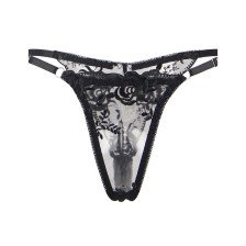 SUBBLIME - 3-TEILIGES SET BH + STRING + STRUMPFBAND BLUMENPRINT SCHWARZ L/XL