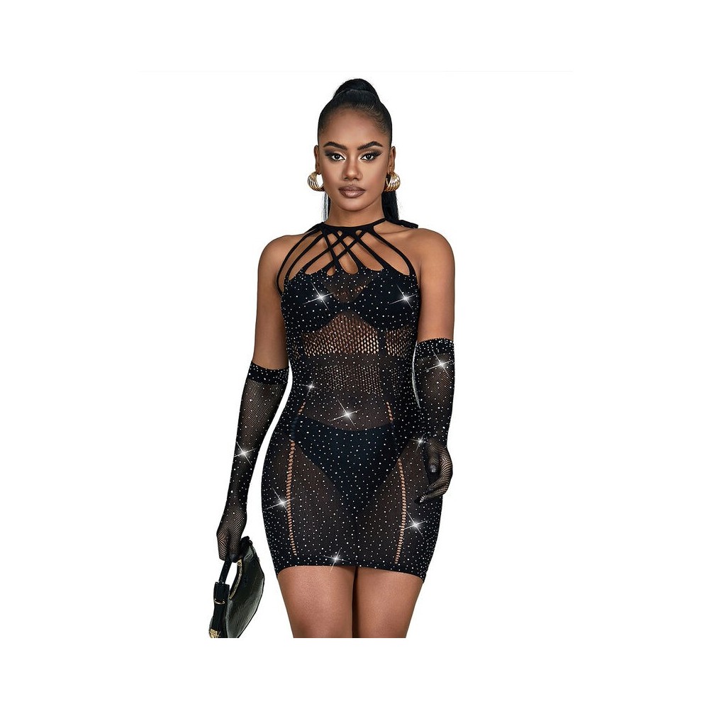 SUBBLIME - 952235 FISHNET DRESS WITH RHINESTONES A BLACK ONE SIZE