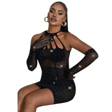 SUBBLIME - 952235 FISHNET DRESS WITH RHINESTONES A BLACK ONE SIZE