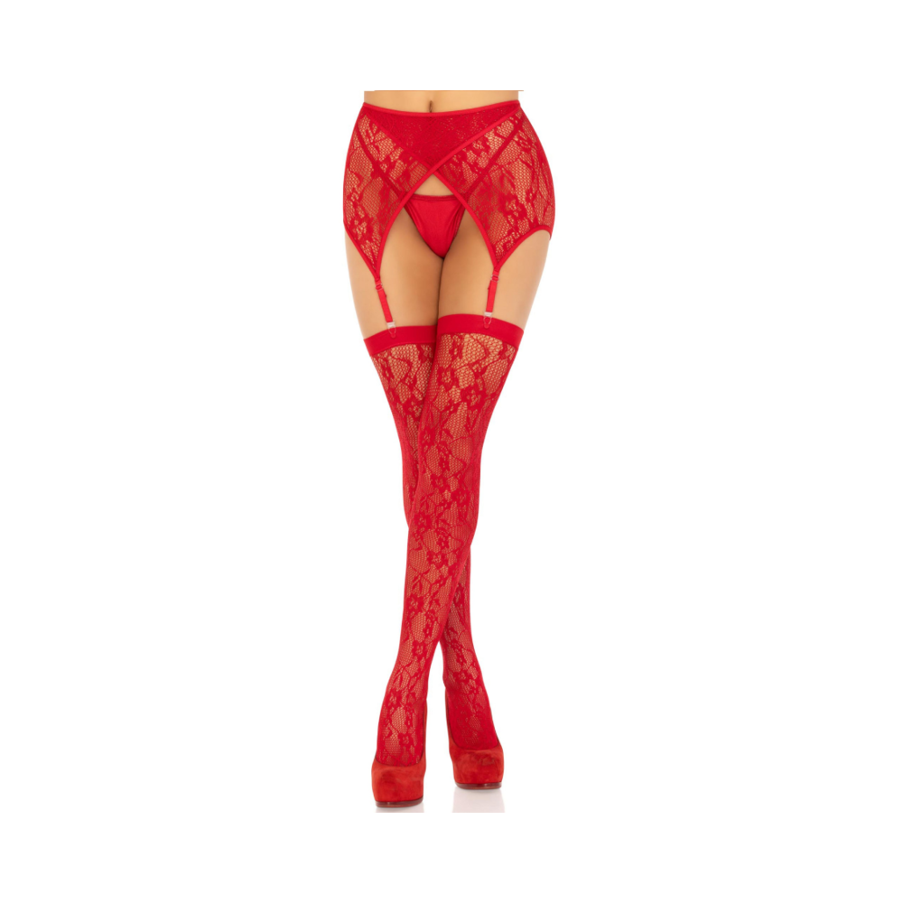 LEG AVENUE - LACE THIGH HIGHS & GARTERBELT RED