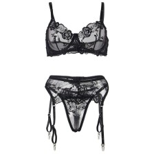 SUBBLIME - CONJUNTO DE 3 PEAS SUTI + TANGA + LIGA ESTAMPADO FLORAL PRETO S/M