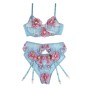 SUBBLIME - 954116 BRA + PANTIES WITH GARTER BELT FLORAL DESIGN BLUE L/XL