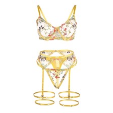 SUBBLIME - 954345 BRA + THONG + GARTER BELT FLORAL DESIGN YELLOW S/M