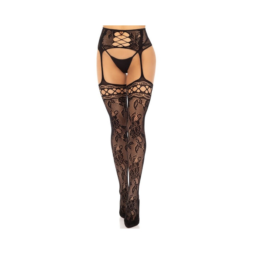 LEG AVENUE - MEIAS DE LIGA DE RENDA FLORAL PRETAS