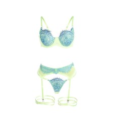 SUBBLIME - 955328 CONJUNTO DE SUTIÃ COM RENDA E LINHAS DE LIGA VERDE E AZUL L/XL