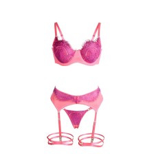 SUBBLIME - 955359 CONJUNTO DE SUTIÃ COM RENDA E LIGAS ROSA E ROXO S/M