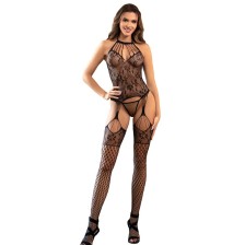 SUBBLIME - 952136 BODYSTOCKING A RETE SENZA CAVALLO CON DETTAGLI FLOREALI E COLLO AL CENTRO NERO TAGLIA UNICA