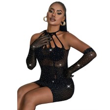 SUBBLIME - 952235 FISHNET DRESS WITH RHINESTONES BLACK ONE SIZE