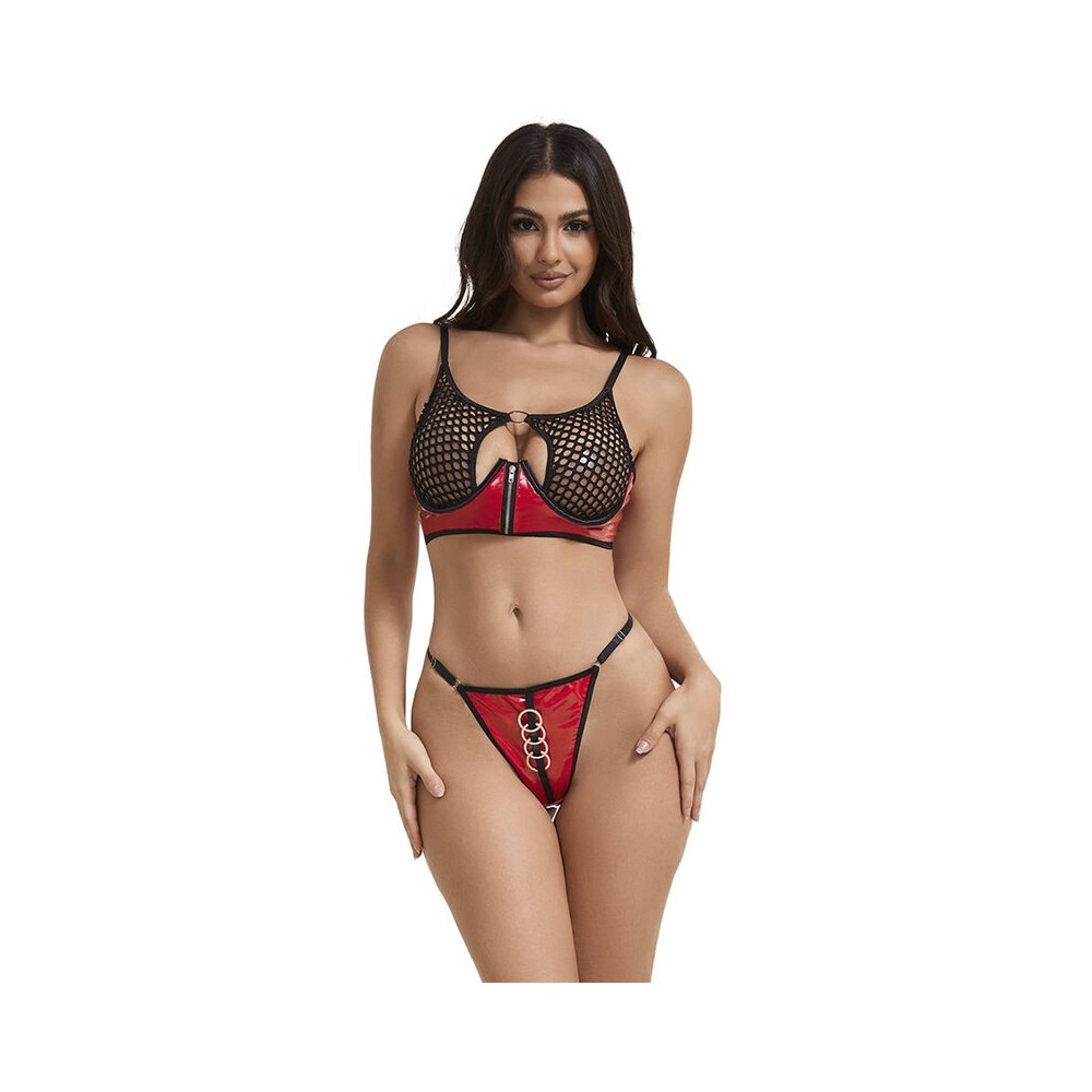 SUBBLIME - 955540 ROTES LACKLEDER-NETZ-ZIPPER-BH-SET L/XL