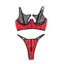 SUBBLIME - 955540 CONJUNTO DE SUTIÃ DE COURO VERMELHO COM ZÍPER DE MALHA L/XL