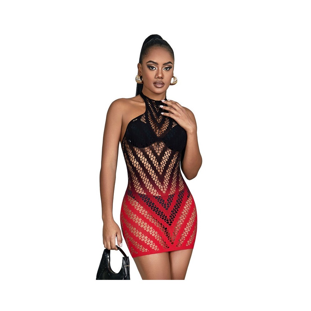 SUBBLIME - 952242 RED AND BLACK DEGRADED ELASTIC FISHNET DRESS ONE SIZE