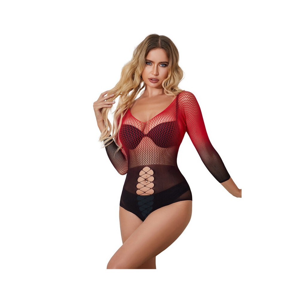 SUBBLIME - 952259 RED AND BLACK GRADIENT LONG SLEEVE ELASTIC FISHNET DRESS ONE SIZE