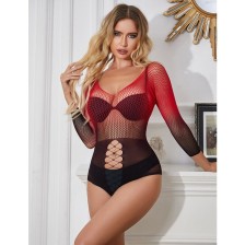 SUBBLIME - 952259 RED AND BLACK GRADIENT LONG SLEEVE ELASTIC FISHNET DRESS ONE SIZE