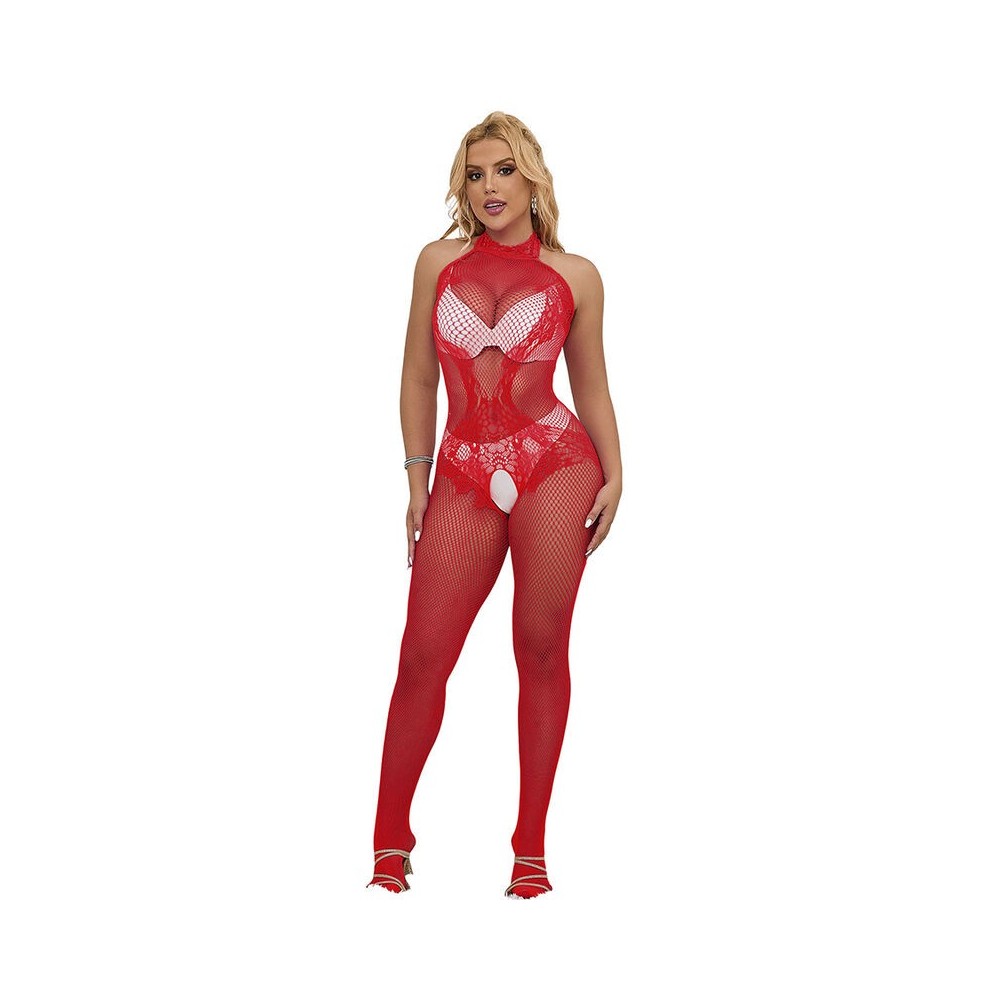 SUBBLIME - 952372 FISHNET AND LACE CROTCHLESS BODYSTOCKING WITH HIGH NECK RED ONE SIZE