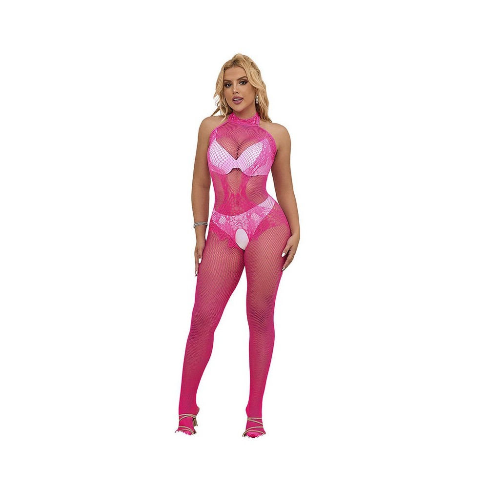 SUBBLIME - 952389 FISHNET AND LACE CROTCHLESS BODYSTOCKING WITH HIGH NECK PINK ONE SIZE