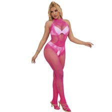 SUBBLIME - 952389 FISHNET AND LACE CROTCHLESS BODYSTOCKING WITH HIGH NECK PINK ONE SIZE