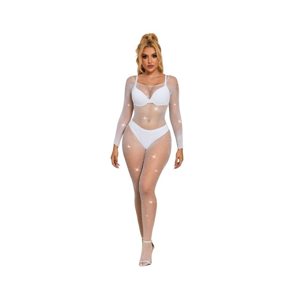 SUBBLIME - 952396 BODYSTOCKING A RETE CON STRASS MANICA LUNGA BIANCO TAGLIA UNICA