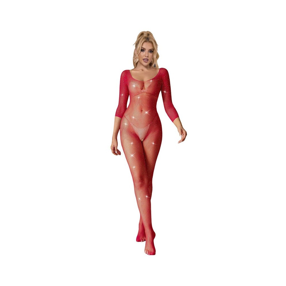 SUBBLIME - 952419 FISHNET BODYSTOCKING WITH DIAMONDS LONG SLEEVE RED ONE SIZE