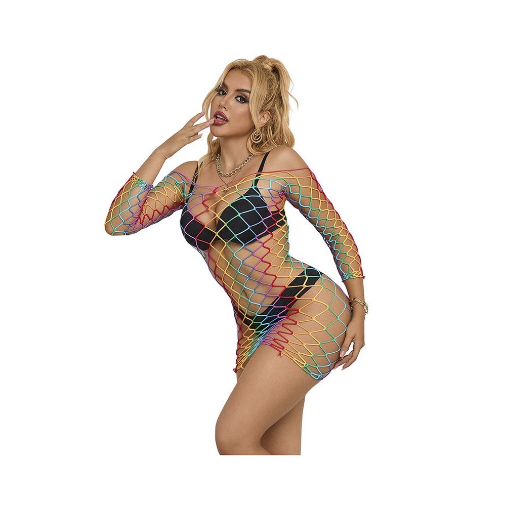 SUBBLIME - 952426 RAINBOW LONG SLEEVE FISHNET DRESS ONE SIZE