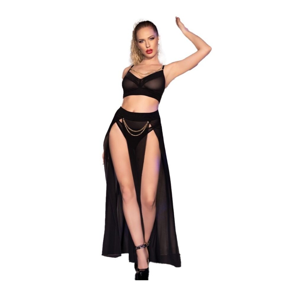 CHILIROSE - CR 4672 SCHWARZER TOP-ROCK UND TANGA MIT GOLDENEN KETTEN L