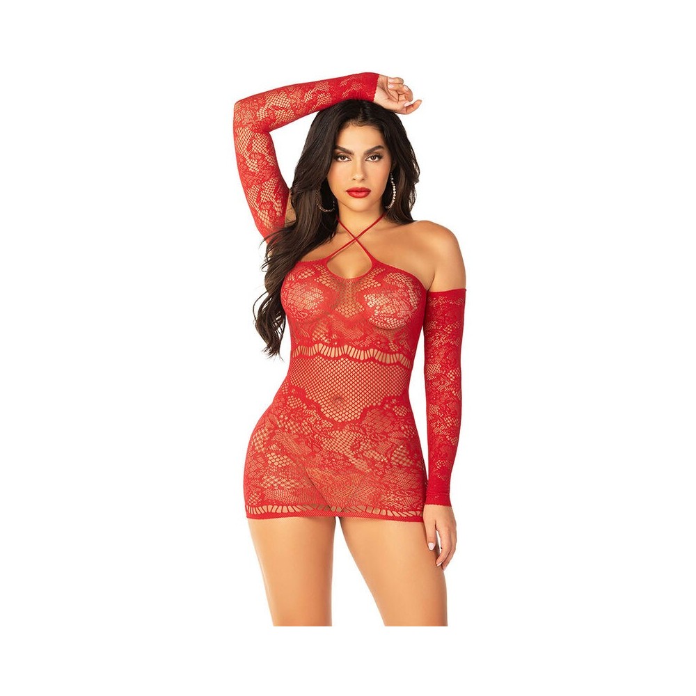 LEG AVENUE - OFF-SHOULDER LANGÄRMELIGES MESH-MINIKLEID ROT