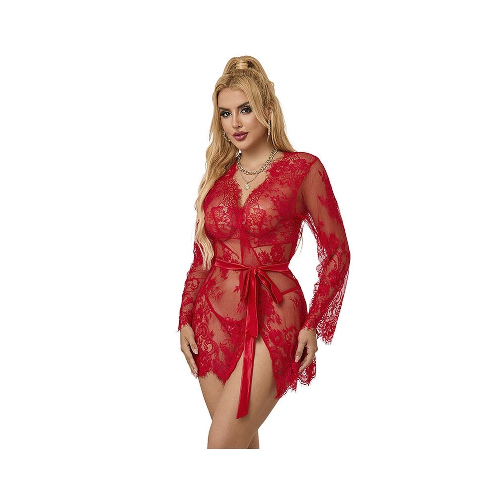 SUBBLIME - 953775 CHEMISIER DE NUIT DENTELLE + STRING ROUGE S/M