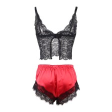 SUBBLIME - 953959 CHEMISE DE NUIT DÉCONTRACTÉE EN SOIE + PANTALON EN DENTELLE NOIR/ROUGE S/M