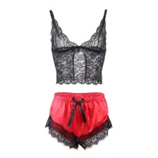 SUBBLIME - 953966 CHEMISE DE NUIT DÉCONTRACTÉE EN SOIE + PANTALON EN DENTELLE NOIR/ROUGE L/XL