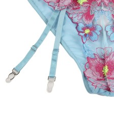 SUBBLIME - 954109 BRA + PANTIES WITH GARTER BELT FLORAL DESIGN BLUE S/M