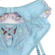 SUBBLIME - 954109 BRA + PANTIES WITH GARTER BELT FLORAL DESIGN BLUE S/M