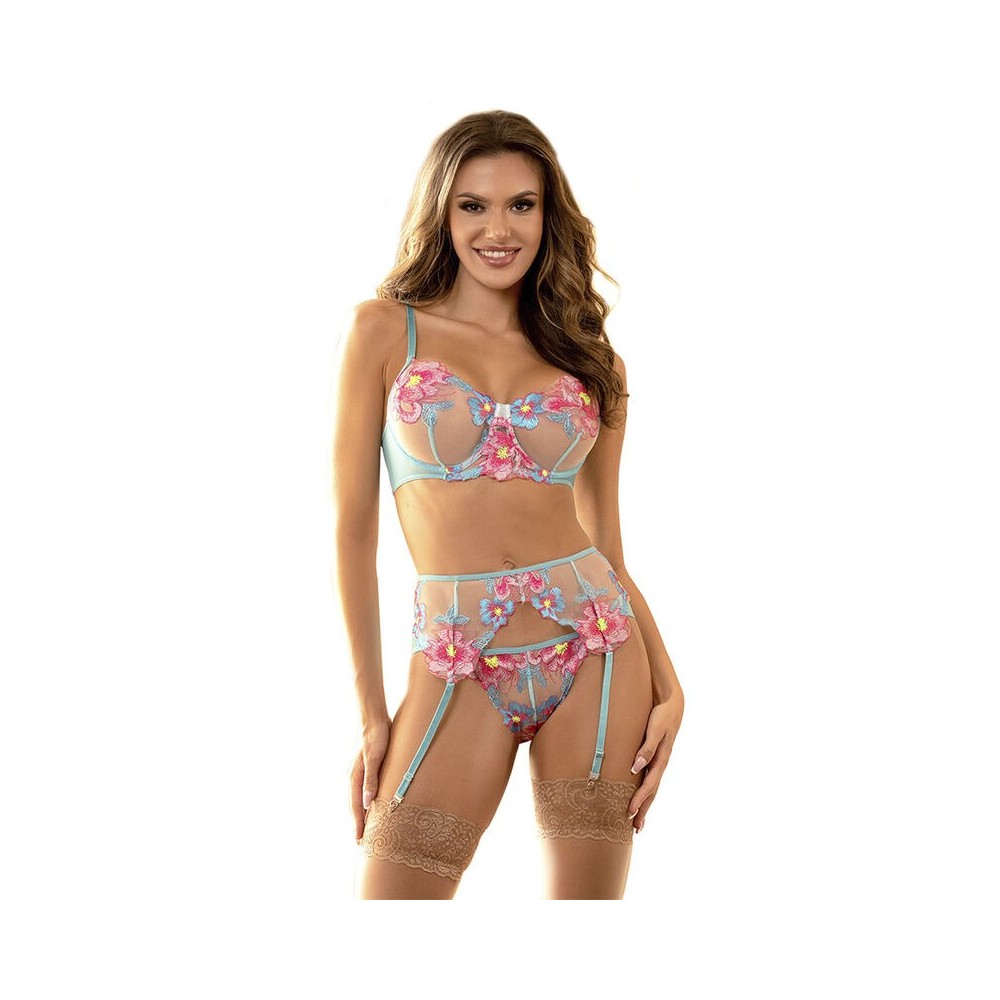 SUBBLIME - 954116 SOUTIEN-GORGE + CULOTTE AVEC PORTE-JARRETELLES MOTIF FLORAL BLEU L/XL