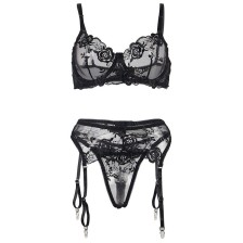 SUBBLIME - 945237 SOUTIEN-GORGE + CULOTTE AVEC PORTE-JARRETELLES MOTIF FLORAL NOIR S/M