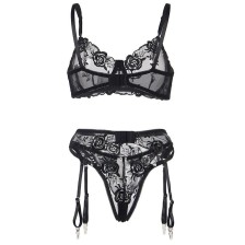 SUBBLIME - 945237 BRA + PANTIES WITH GARTER BELT FLORAL DESIGN BLACK S/M