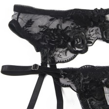 SUBBLIME - 945237 BRA + PANTIES WITH GARTER BELT FLORAL DESIGN BLACK S/M