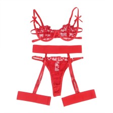 SUBBLIME - 954321 HEART PRINT BRA + THONG + GARTER BELT RED S/M